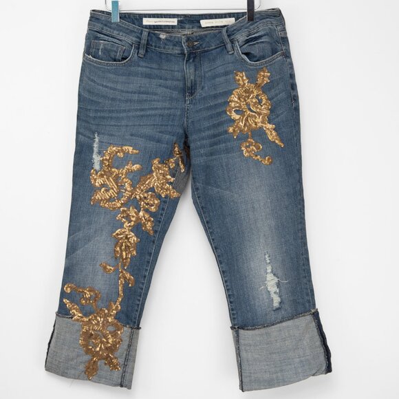 Anthropologie Pilcro Hyphen Jeans Gold Sequins Cropped Cuff Size 29 Petite - Picture 2 of 8